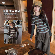 批发女<b class='q'>童</b><b class='q'>假两件</b>条纹打底衫<b class='q'>套装</b>2026秋季新款中大<b class='q'>童</b>拼接长袖T恤屁帘裤