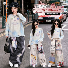 批发女<b class='q'>童</b><b class='q'>扎染</b>破洞毛<b class='q'>衣</b>2026秋季新款中大<b class='q'>童</b>猫咪印花上衣阔腿裤洋气<b class='q'>套装</b>