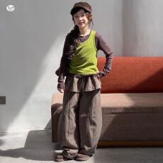 批发女童秋季休闲套装2026新款中大<b class='q'>儿童</b>纯色打底衫马甲屁帘阔腿裤套装
