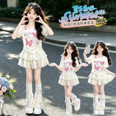 批发女童夏季套装2026儿童斜肩T恤蛋糕裙两件套童装一件代发