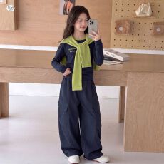 批发女童休闲套装2026秋季新款中大童披肩字母印花卫衣工装弯刀裤童装