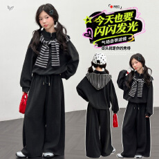 批发女童2026年秋季新款条纹披肩卫衣套装立领套头宽松上衣<b class='q'>休闲</b>阔腿裤