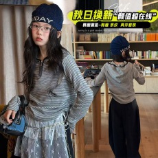 女童2026年秋季新款休闲条纹连帽打底衫套装中大童卫衣阔腿裤长裤