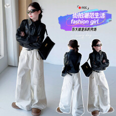 女童套装2026秋季新款中大童韩系短款皮衣外套工装裤儿童秋装童装