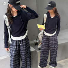 批发女童连帽<b class='q'>卫衣</b><b class='q'>套装</b>秋季2026新款<b class='q'>儿童</b>秋装休闲大童格子阔腿裤两件套