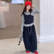 批发女<b class='q'>童</b><b class='q'>秋装</b>韩<b class='q'>系</b>套装2026新款中<b class='q'>大</b><b class='q'>童</b>假两件打底衫格子拼接阔腿裤<b class='q'>童</b>装