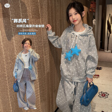 女童秋装套装2026新款中大童美式星星印花连帽外套阔腿裤休闲童装