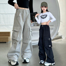 女童秋天工装裤2026秋季新款儿童休闲宽松阔腿裤大童炸街裤子黑色