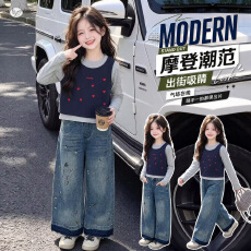 批发女童2026年秋装新品韩版假两件打底衫涂鸦<b class='q'>牛仔裤</b>套装湖州织里童装