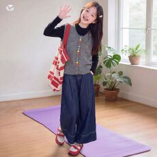 女童彩扣开衫马甲2026秋季新款中大儿童打底衫牛仔裤韩系秋装套装