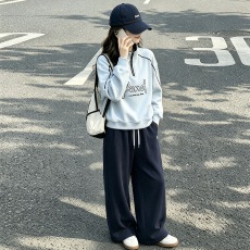 女童秋装运动套装2026新款中大童字母印花半拉链卫衣阔腿裤两件套