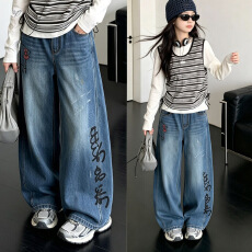 批发女<b class='q'>童裤</b>子2026秋季新款中大童卡通印花<b class='q'>牛仔裤</b>阔腿裤休闲直筒裤长裤