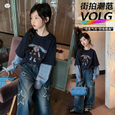 批发女童2026年秋季新款假两件T恤套装中大童韩版五角星<b class='q'>牛仔裤</b>阔腿裤