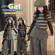 批发女童2026年秋季新款<b class='q'>韩版</b>条纹假两件长袖T恤套装女孩屁帘阔腿裤潮