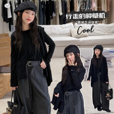 批发女童2026年秋季新款黑色针织马甲阔腿裤三件套女孩韩版长袖<b class='q'>打底</b>衫