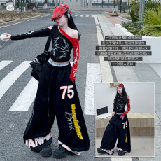 批发女童嘻哈爵士服街舞服2026秋款中大童撞色露肩<b class='q'>T</b>恤字母卫<b class='q'>裤</b>两件套