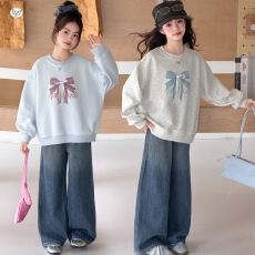 批发<b class='q'>女</b><b class='q'>童</b>套装2026新款儿童时髦穿搭女大童春秋装圆领卫衣牛仔裤两件套
