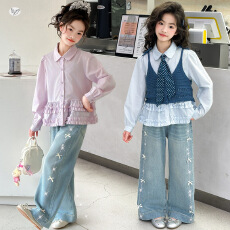 批发<b class='q'>女</b><b class='q'>童</b>套装秋季2026新款韩系针织马甲三件套春秋衬衫牛仔裤女孩套装