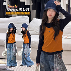 批发<b class='q'>女</b><b class='q'>童</b>套装2026秋季新款中大童韩系打底衫马甲卡通印花牛仔裤三件套