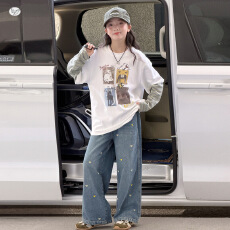 批发<b class='q'>女</b><b class='q'>童</b>秋季动物印花假两件T恤2026新款韩系洋气中大童绣花牛仔裤套