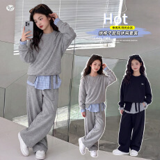 批发<b class='q'>女</b><b class='q'>童</b>套装2026秋季新款中大童休闲运动服假两件格子拼接卫衣阔腿裤