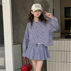 批发<b class='q'>女</b><b class='q'>童</b>格子套装2026秋季新款中大童短款衬衫上衣百褶裙短裙儿童秋装