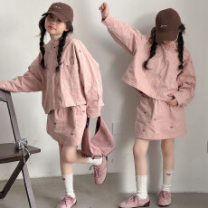 批发<b class='q'>女</b><b class='q'>童</b>韩范套装2026新款秋季儿童女孩洋气百搭蝴蝶结外套半裙两件套