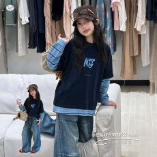 批发韩版假两件条纹拼接长袖T恤套装<b class='q'>女</b><b class='q'>童</b>2026秋中大童上衣裤子两件套