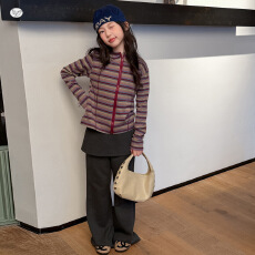 批发<b class='q'>女</b><b class='q'>童</b>202春秋新款条纹拉链休闲两件套装韩系时尚彩色连帽开衫套装