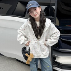 批发女童连帽外套2026秋季新款中大童水果印花拉链衫宽松长袖开衫上衣