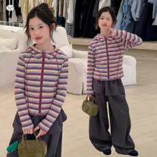 批发<b class='q'>女</b><b class='q'>童</b>彩虹条纹连帽开衫两件套2026秋装休闲运动上衣屁帘裤套装套装