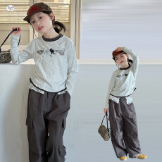 批发<b class='q'>女</b><b class='q'>童</b>休闲套装2026秋季新款中大童猫咪印花长袖T恤花边腰口工装裤