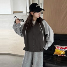 女童外套2026秋季新款中大童撞色连帽拉链衫花边下摆开衫儿童秋装