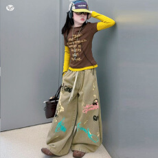 批发<b class='q'>女</b>童<b class='q'>秋</b>装<b class='q'>涂鸦</b>套装2026秋季新款儿童字母拼接修身T恤复古牛仔裤潮