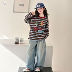 批发女童套装2026秋季新款中大童印花条纹长袖T恤牛仔弯刀<b class='q'>裤</b>休闲秋装