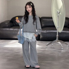 批发女童套装2026秋新款中大童卫衣卫衣蕾丝屁帘针织三件套儿童<b class='q'>运动</b>服