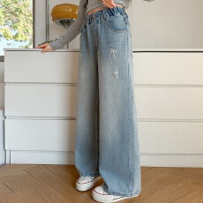 批发女童秋季<b class='q'>牛仔裤</b>2026新款中大童蝴蝶结钉珠直筒阔腿裤窄版<b class='q'>儿童</b>裤子