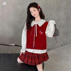 女童韩系套装2026秋季新款中大童娃娃领 衬衫红色马甲百褶格子裙