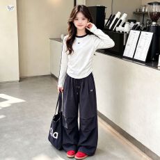 女童套装2026秋季新款中大童字母绣花打底衫阔腿裤拉条秋装两件套