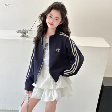 批发女童短款外套春秋2026新款洋气运动条纹衣服春装中大童时髦上衣潮