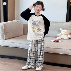 批发<b class='q'>女</b><b class='q'>童</b>家居服套装2026秋季新款中大童撞色印花T恤格子裤分体式<b class='q'>睡衣</b>