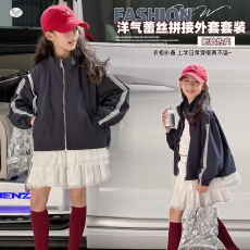 批发韩系温柔女童蕾丝拼接外套中大童宽松插肩袖花边短款休闲夹克服