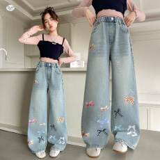 批发女童牛仔裤<b class='q'>秋</b>季2026新款蝴蝶结印花休闲宽松儿童牛仔长裤潮流时尚