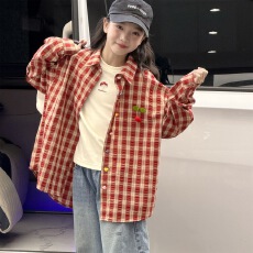 批发女大童复古红色格子<b class='q'>衬衫</b>长袖宽松百搭外套2026多新款洋气时尚上衣