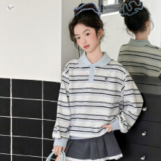批发<b class='q'>女</b><b class='q'>童</b>条纹POLO衫2026秋季新款中大童学院风撞色<b class='q'>卫衣</b>套头衫长袖打底
