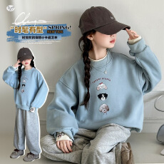 批发<b class='q'>女童</b>202<b class='q'>6</b>秋季奶蓝色软萌小狗卫衣儿童慵懒风狗狗刺绣圆领上衣秋装