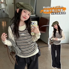 批发<b class='q'>女</b><b class='q'>童</b>套装秋2026新款洋气儿童<b class='q'>休闲</b>大童女孩马甲屁帘裤三件套