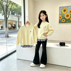 批发韩系<b class='q'>女</b><b class='q'>童</b>拼接套头衫格纹下摆假两件小女孩<b class='q'>休闲</b>百搭儿童秋款卫衣潮