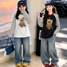 批发<b class='q'>女</b><b class='q'>童</b><b class='q'>休闲</b>套装2026秋季新款中大儿童条纹拼接小熊印花打底衫牛仔裤