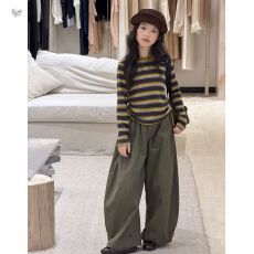 女童文艺风秋装2026新款中大童条纹打底衫上衣弯刀裤阔腿裤两件套